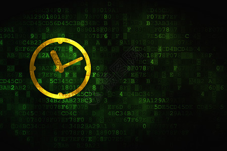 数字背景上的时间轴概念时钟展示像素化历史屏幕技术时间手表倒数黄色数据背景图片