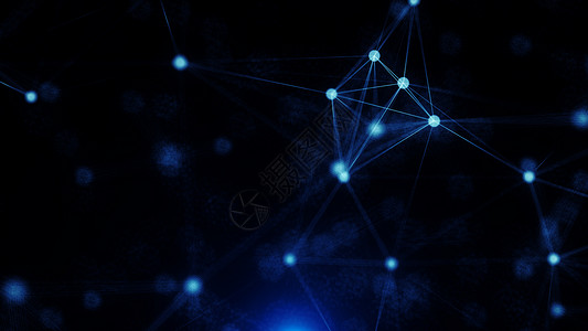明亮的蓝色背景上的抽象连接点商业创造力渲染多边形线条三角形3d技术互联网全球背景