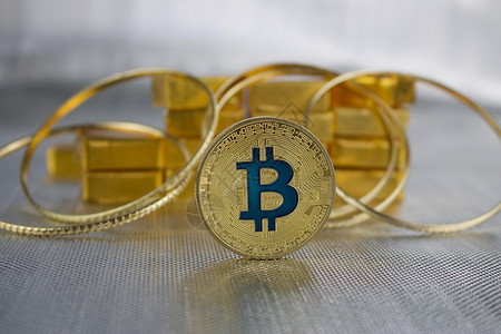 金比特币硬币金条银色蓝色交换贸易现金货币戒指虚拟投资背景图片