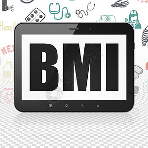 信息架构图标医学概念 显示BMI的平板电脑绘画药品渲染草图科学医生保健体重涂鸦康复背景