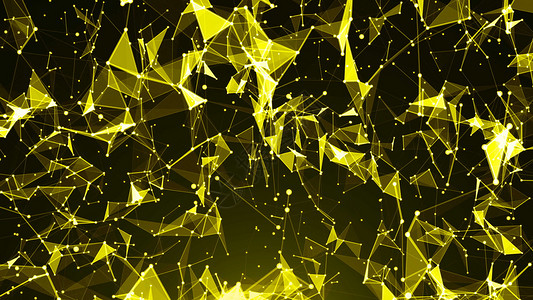 黄色科幻线条与神经丛的抽象背景 技术背景 三角线和点电脑科幻物理数据运动星座闪电蓝色粒子化学背景