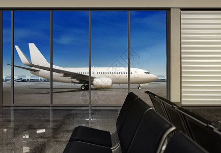 飞机路线在空机场窗口中背景
