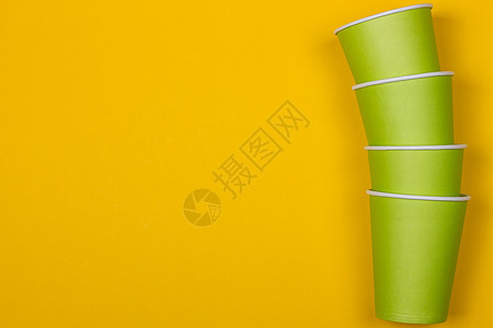 一套绿纸杯休息早餐杯子材料空白咖啡餐具绿色工具派对背景图片