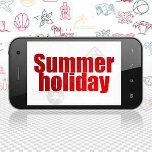 夏天旅行图标旅行概念 显示暑假的智能手机;在展出背景