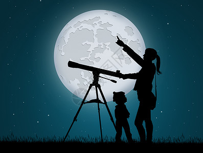 女孩靠着月亮母亲和孩子用望远镜仰望天空背景