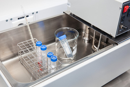 实验室热水浴池中的猎鹰管和鱼架孵化管子温度计药品安全微生物学文化细胞乐器技术背景