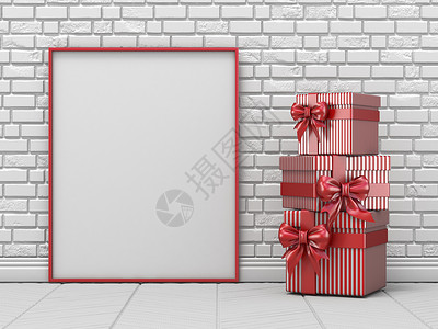 蝴蝶结海报蒙上空白的图片框 圣诞装饰品和条纹短裤背景