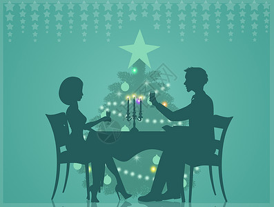 圣诞两餐晚餐快乐庆典女孩烛光桌子餐厅插图盘子男人新年背景图片