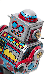 老式锡机器人发条天线古董塑像线圈乡愁收藏蓝色机器玩具背景图片