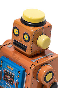 老式锡机器人线圈塑像收藏电子人发条蓝色玩具橙子天线古董背景图片
