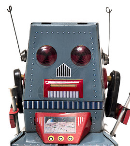 老式锡机器人玩具蓝色塑像金属线圈乡愁天线发条机器收藏品背景图片