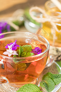 一杯夏茶加草药花朵治疗药店茶壶香气叶子芳香草本植物杯子药品背景图片