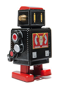 老式锡机器人收藏品线圈电子人发条机器乡愁收藏玩具塑像古董背景图片