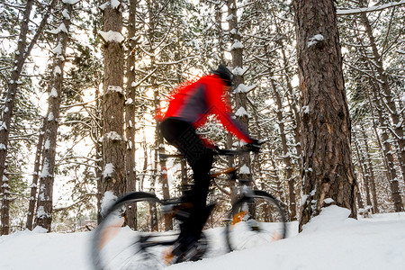 极端雪美丽的冬季森林中的红色骑马山自行车 的赛车名目 照片由运动模糊片拍摄冒险山地车踪迹男人速度行动车轮锻炼男性骑士背景