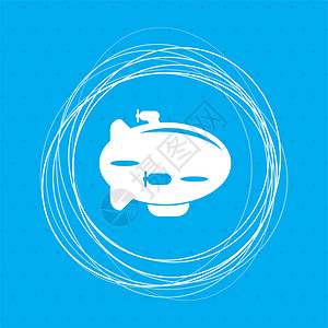 氢设计素材库蓝色背景上的飞艇图标 周围有抽象圆圈 并为您的文本放置背景