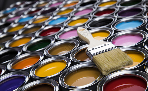 风格油漆艺术用刷子打开油漆罐彩虹色家务绘画液体装饰瓶子金属房子艺术风格创造力背景