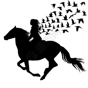 骑着鸟得女孩女人骑马和鸟 silhoue 的抽象插图背景