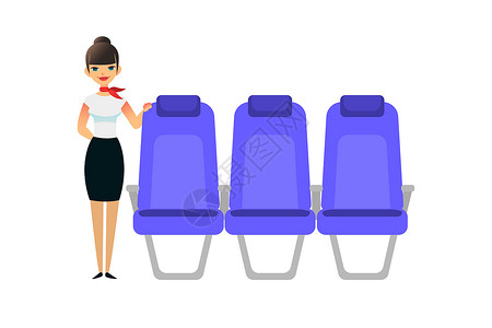 座位卡通空姐正在等待乘客 空乘女站在座位附近 蓝色座椅的平面彩色插图 卡通内部飞机座椅背景