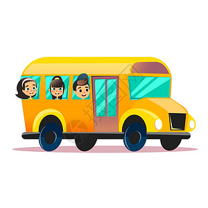 幼儿园校车平的校车 学校的孩子们乘坐校车 回到学校平面概念 快乐的小学生从窗户看背景