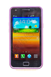优惠活动主界面在白色背景上隔离的旧智能手机的前视图电话展示触摸屏细胞屏幕技术电脑橡皮星系紫色背景