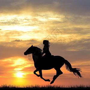 日出时骑马的女人的黑色轮廓高清图片