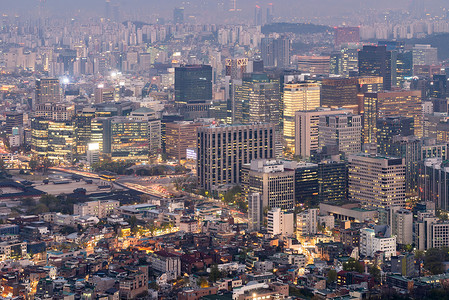 种豆南山下首首尔市下城市风景之夜日落市中心景观地标都市办公室风景建筑学旅行天际背景