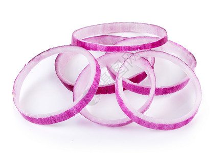 白背景上的切面洋葱紫色红色食物圆圈白色戒指蔬菜背景图片