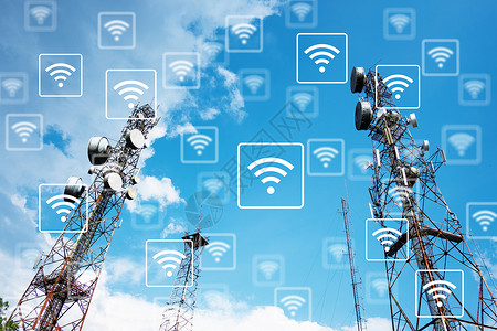 数据塔蓝天 bac 山顶天线上的 WiFi 网络背景