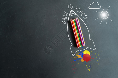 火箭铅笔组合返回学校背景情况粉笔购物销售蜡笔草图动机广告火箭销售量飞溅背景