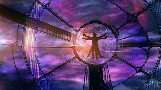 Vitruvian宇航员渴望冒险紫色宇宙车站火花科学星系星空星云蓝色太空服背景图片