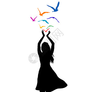 鸟儿剪影一个女人剪影与鸟儿飞 f 的抽象插图白色信仰天空黑色饶恕鸽子男人鸟类日落上帝背景