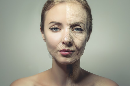 年轻年老妇女与年老和年轻皮肤相容的对比性肖像背景