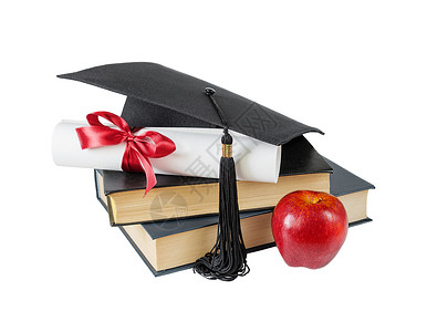 红色毕业帽子研究生帽子 书籍 苹果和卷轴学生大学金子丝带校友学习教育证书滚动智力背景