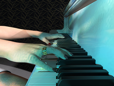 钢琴3d素材近距离接近一个女人弹钢琴键盘阴影创造力艺术女士手指3d乐器戒指音乐钥匙背景