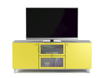 电视机顶盒黄色电视柜子上的Tv背景