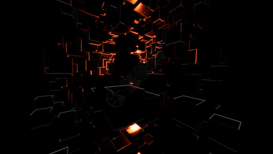 几何图素材抽象的暗立方体和明亮的红色闪光射线新技术虚拟多边形空间力量辉光托管粒子活力背景