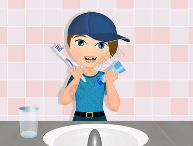 儿童刷牙微笑牌匾浴室牙刷牙膏孩子们器具插图快乐牙齿背景图片