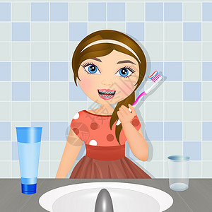 小女孩刷牙了孩子们牌匾浴室器具牙膏卫生微笑牙齿插图快乐背景图片