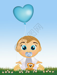 蓝色气球的男婴蓝气球背景图片