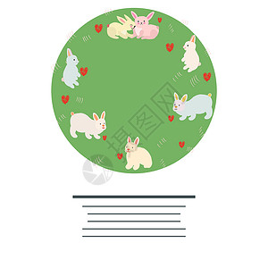 绿色花边圆圈复活节兔子圆环 有心和文字草图框架圆圈涂鸦圆形绿色插图卡通片手绘刻字背景