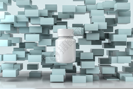 带包装盒的 3d 渲染白色药瓶处方制药推介会药剂药店推广药品包装药物产品背景图片