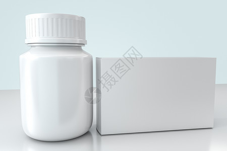 带包装盒的 3d 渲染白色药瓶广告品牌药剂推介会药店包装治疗盒子处方纸板背景图片