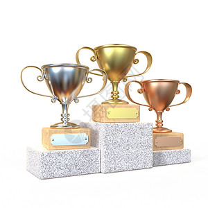 3D金 银和铜奖奖杯运动渲染庆典平台金属插图比赛报酬游戏胜利背景