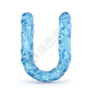设计大写冰字体字母 U 3刨冰反思插图渲染玻璃宝石噪音天气蓝色季节背景