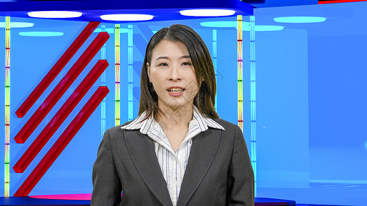 虚拟电视演播室的亚洲女新闻主播女士广播女性居住播音员播送相机记者微笑监视器工作室背景图片