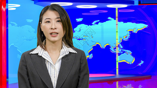 虚拟电视演播室的亚洲女新闻主播女士亚裔相机监视器女性展示广播记者工作室播送主持人背景图片