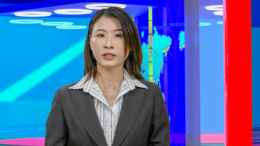 虚拟电视演播室的亚洲女新闻主播女士亚裔居住播送主持人记者广播工作室女性监视器微笑背景图片