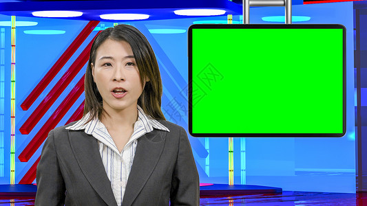 虚拟电视演播室的亚洲女新闻主播女士微笑记者居住亚裔展示工作室广播色度绿色主持人背景图片