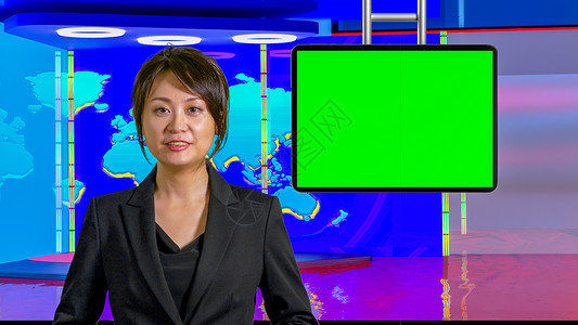 虚拟电视演播室的亚洲女新闻主播女士色度女性绿色播送屏幕监视器工作室记者展示微笑背景图片