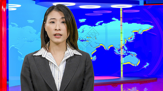 虚拟电视演播室的亚洲女新闻主播女士主持人展示微笑工作室监视器播音员居住亚裔女性相机背景图片
